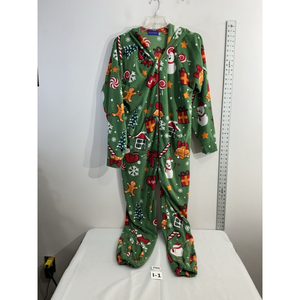 Womans Xmas Coming One Piece Pajamas Large Green Multicolor Christmas Theme Hood